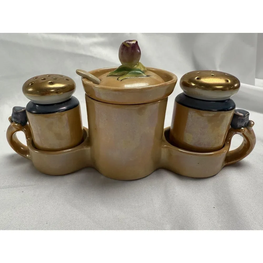 Lusterware Hand Painted Japan Vintage Condiment Set Salt‎ Pepper Sugar Spoon MCM